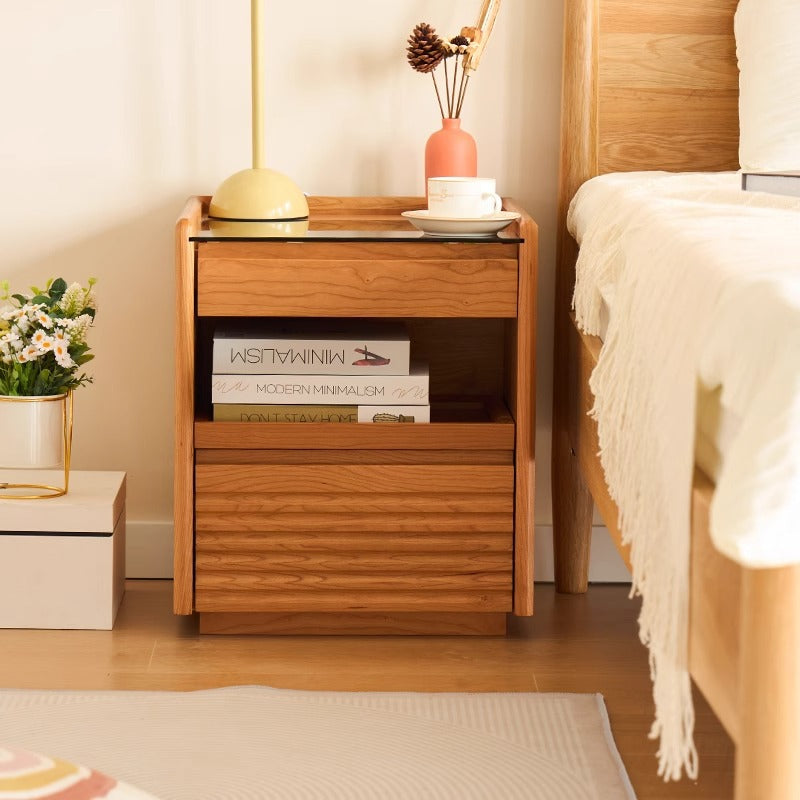 Japanese Cherry Wood Glass Nightstand 2-Drawer