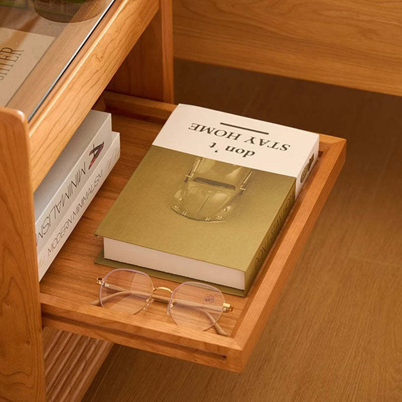 Japanese Cherry Wood Glass Nightstand 2-Drawer