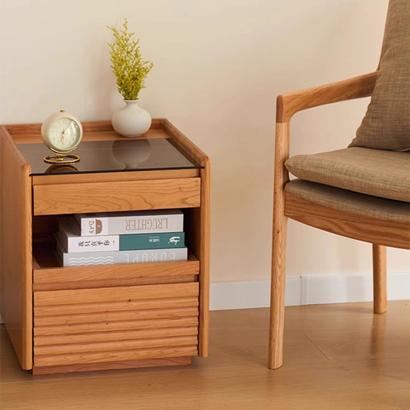 Japanese Cherry Wood Glass Nightstand 2-Drawer