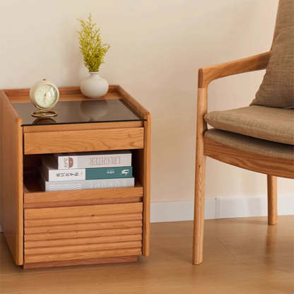 Japanese Cherry Wood Glass Nightstand 2-Drawer