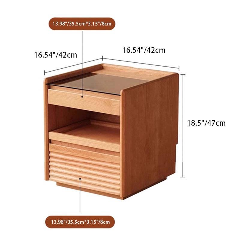 Japanese Cherry Wood Glass Nightstand 2-Drawer