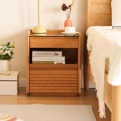 Japanese Cherry Wood Glass Nightstand 2-Drawer — Cherry Wood Color