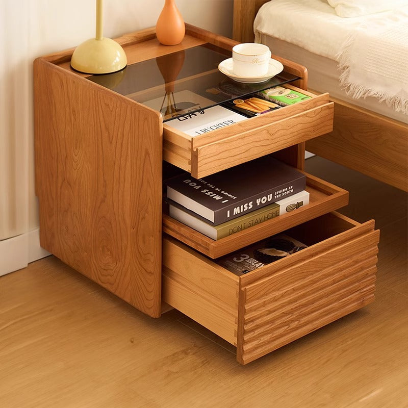 Japanese Cherry Wood Glass Nightstand 2-Drawer