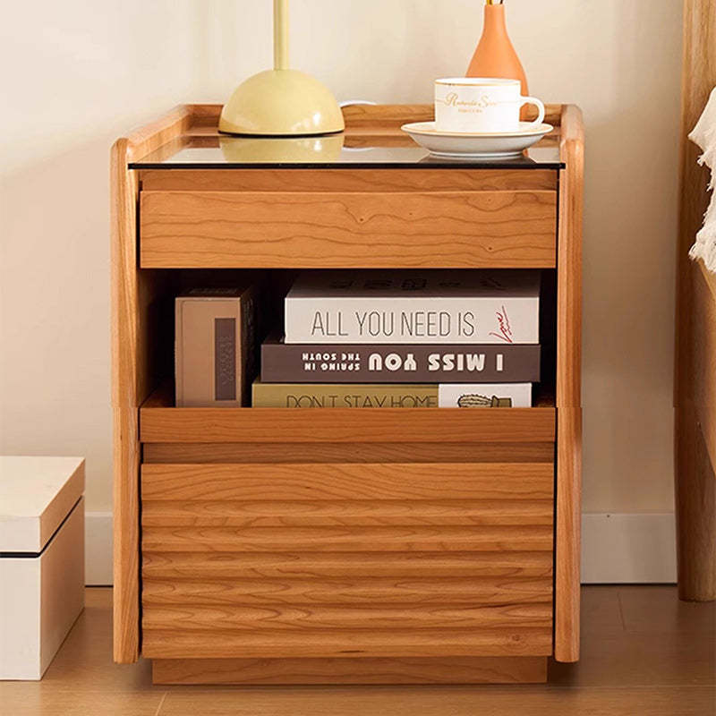 Japanese Cherry Wood Glass Nightstand 2-Drawer