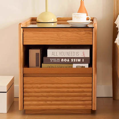 Japanese Cherry Wood Glass Nightstand 2-Drawer