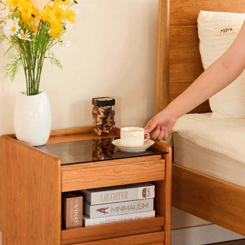 Japanese Cherry Wood Glass Nightstand 2-Drawer