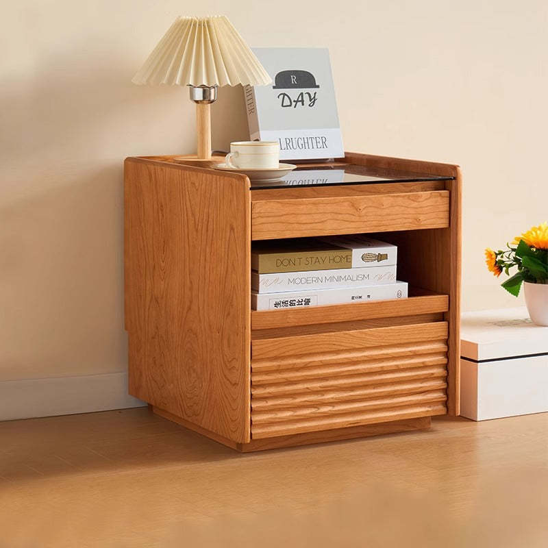 Japanese Cherry Wood Glass Nightstand 2-Drawer
