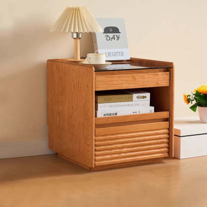 Japanese Cherry Wood Glass Nightstand 2-Drawer