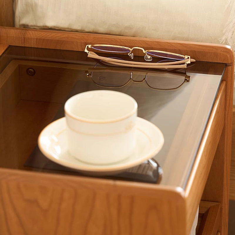 Japanese Cherry Wood Glass Nightstand 2-Drawer
