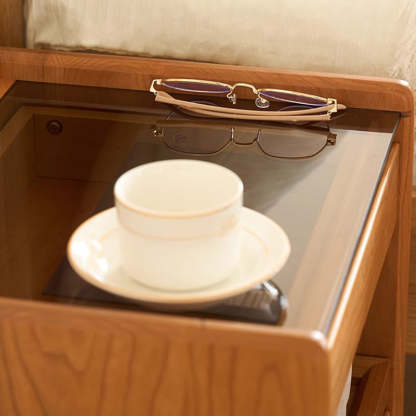 Japanese Cherry Wood Glass Nightstand 2-Drawer