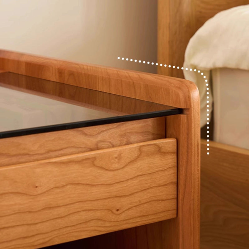 Japanese Cherry Wood Glass Nightstand 2-Drawer