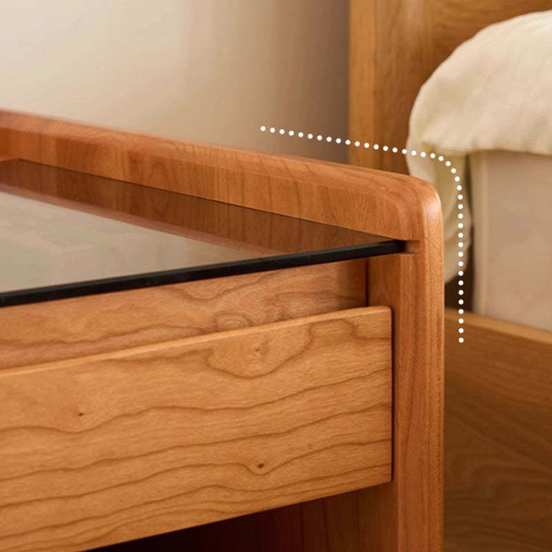 Japanese Cherry Wood Glass Nightstand 2-Drawer