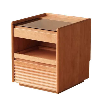Japanese Cherry Wood Glass Nightstand 2-Drawer