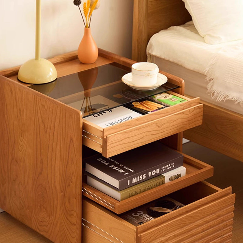 Japanese Cherry Wood Glass Nightstand 2-Drawer