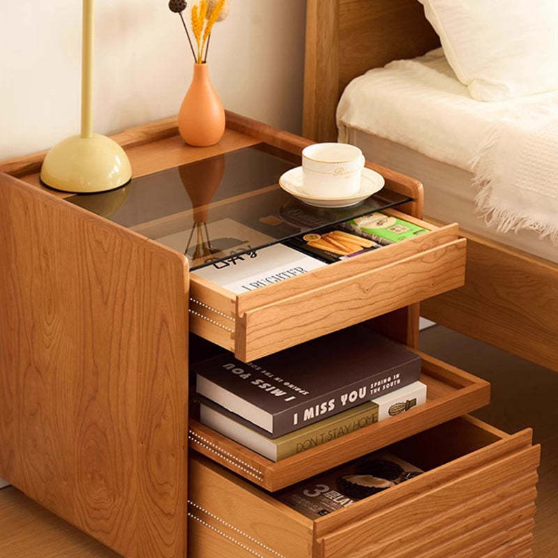 Japanese Cherry Wood Glass Nightstand 2-Drawer