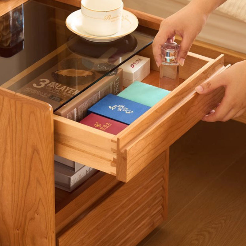 Japanese Cherry Wood Glass Nightstand 2-Drawer
