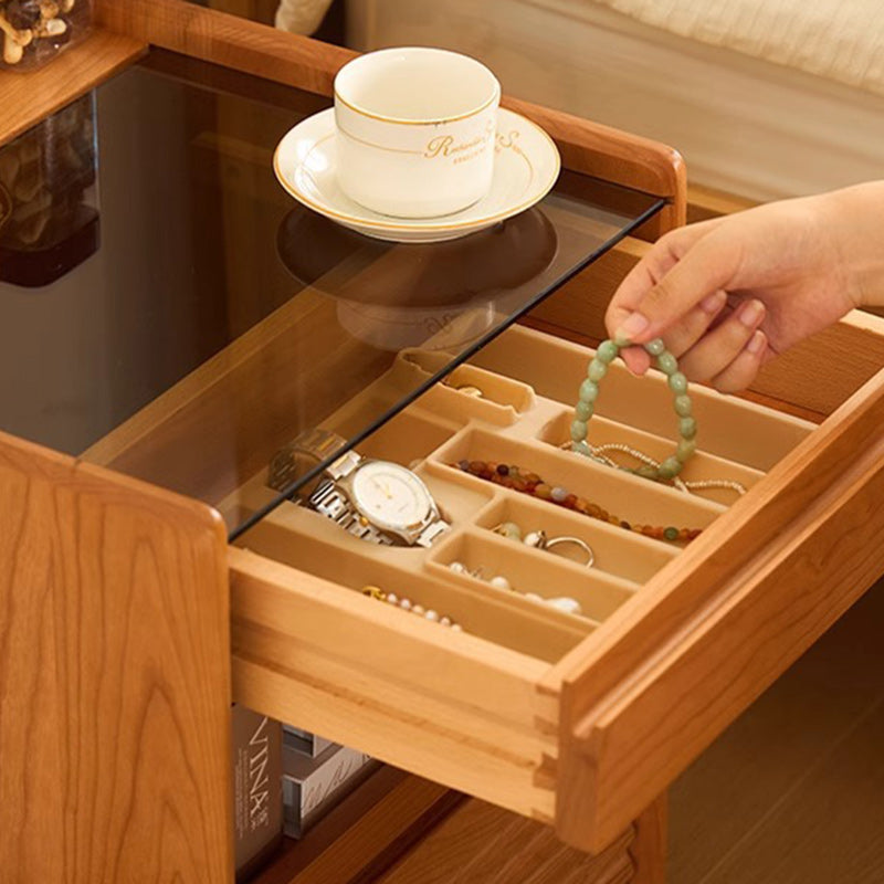 Japanese Cherry Wood Glass Nightstand 2-Drawer