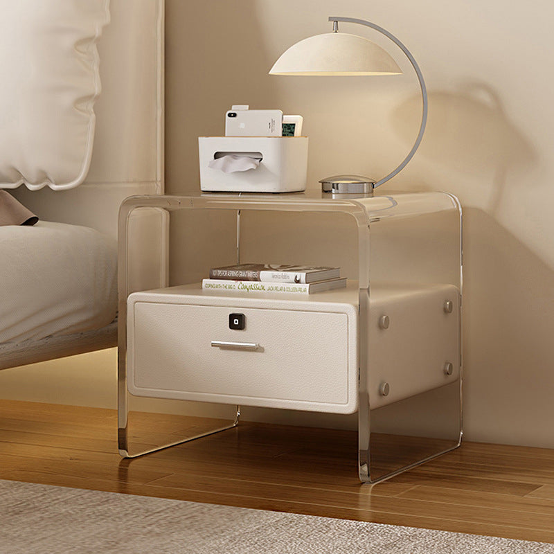 Nordic Acrylic Leather Wood Nightstand 1-Drawer — Without Fingerprint Lock / Off White