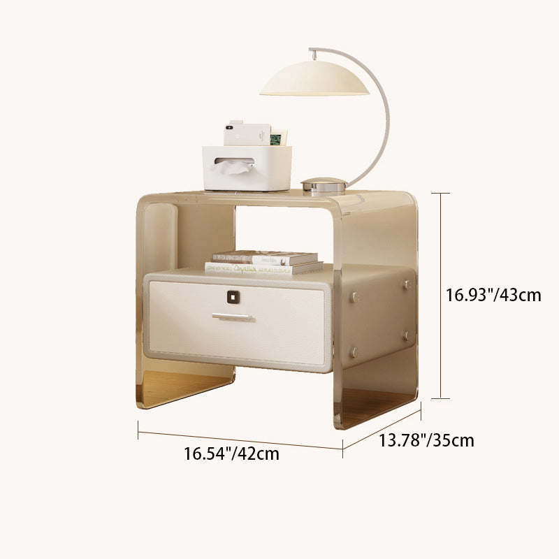 Nordic Acrylic Leather Wood Nightstand 1-Drawer — With Fingerprint Lock / Off White
