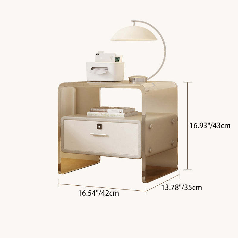 Nordic Acrylic Leather Wood Nightstand 1-Drawer — With Fingerprint Lock / Off White