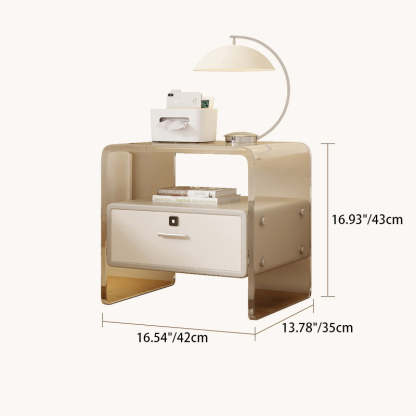 Nordic Acrylic Leather Wood Nightstand 1-Drawer — With Fingerprint Lock / Off White