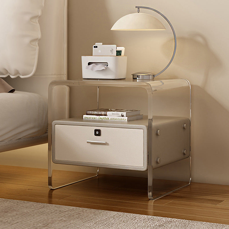 Nordic Acrylic Leather Wood Nightstand 1-Drawer — Without Fingerprint Lock / Light Gray