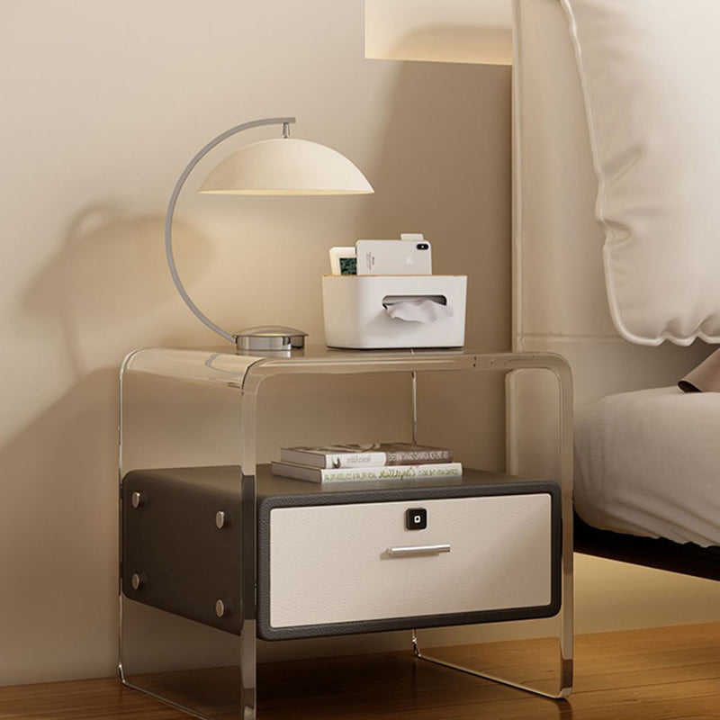 Nordic Acrylic Leather Wood Nightstand 1-Drawer — With Fingerprint Lock / Dark Gray
