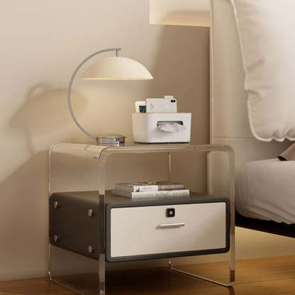 Nordic Acrylic Leather Wood Nightstand 1-Drawer — With Fingerprint Lock / Dark Gray