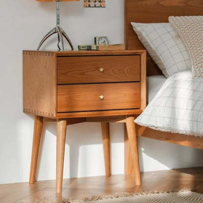 Contemporary Oak Nightstand 2-Drawer — Cherry Wood Color