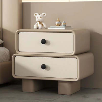 Scandinavian Wood Leather 2-Drawer Nightstand — Khaki