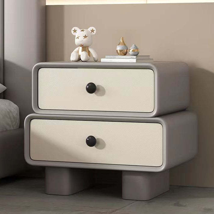 Scandinavian Wood Leather 2-Drawer Nightstand — Khaki