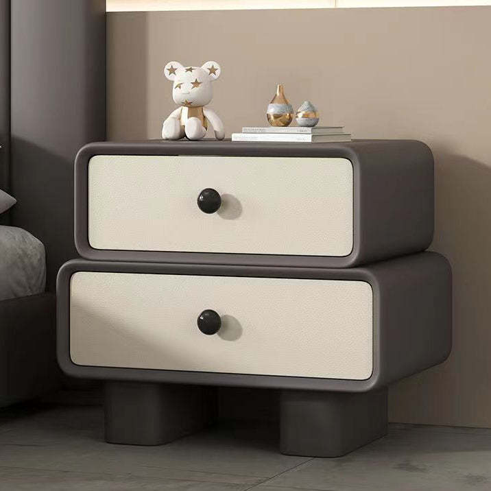Scandinavian Wood Leather 2-Drawer Nightstand — Off White