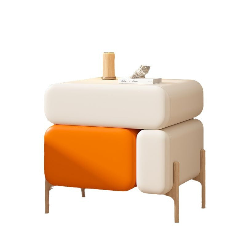 Nordic Solid Wood Leather 3-Drawer Cube Nightstand — Off White + Orange