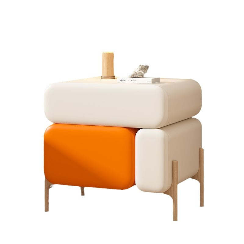 Nordic Solid Wood Leather 3-Drawer Cube Nightstand — Off White + Orange