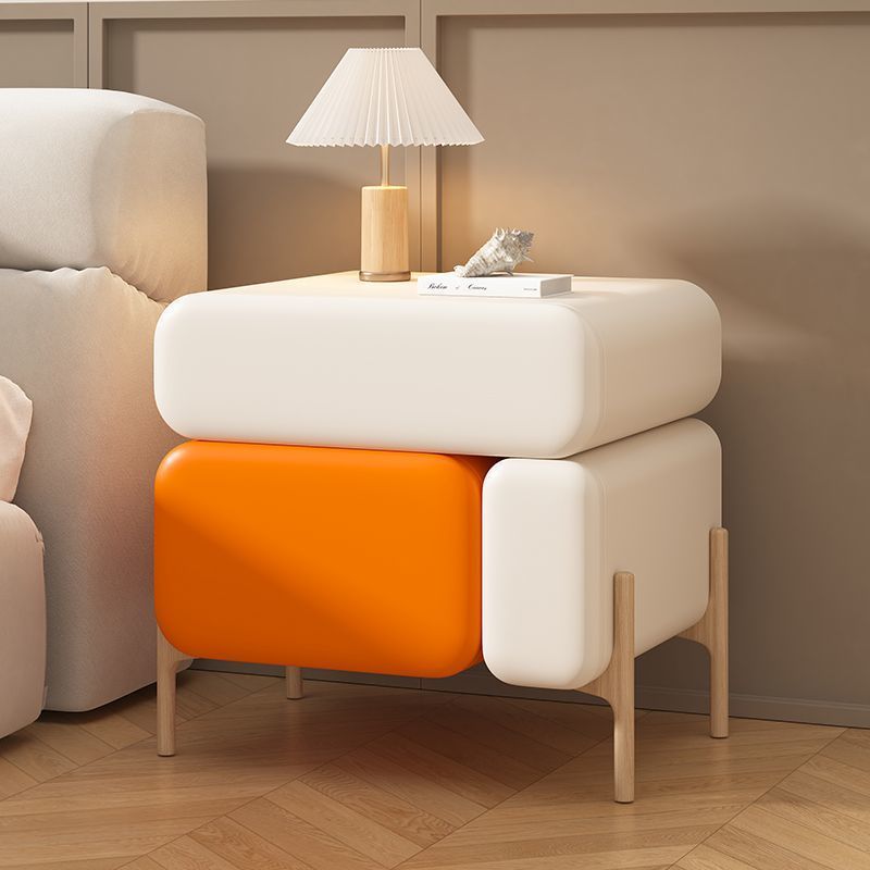 Nordic Solid Wood Leather 3-Drawer Cube Nightstand — Off White + Orange