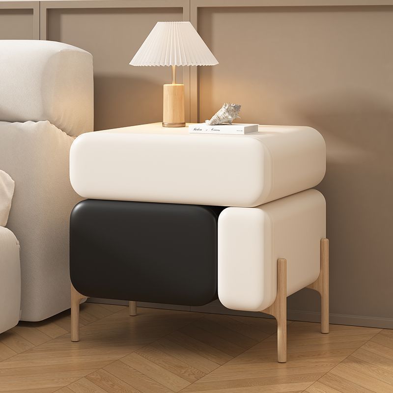 Nordic Solid Wood Leather 3-Drawer Cube Nightstand — Off White + Black