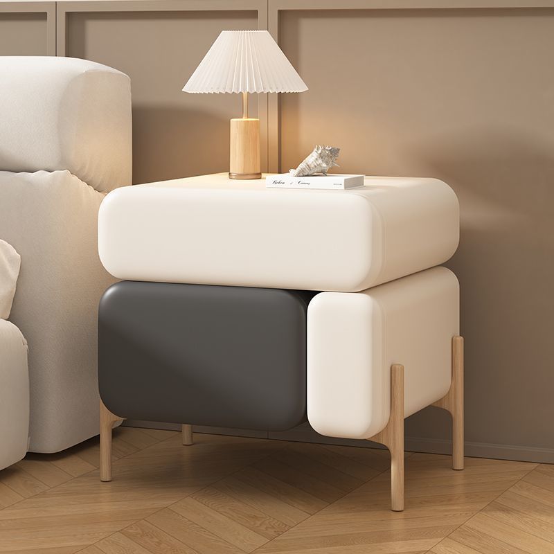 Nordic Solid Wood Leather 3-Drawer Cube Nightstand — Black + Off White
