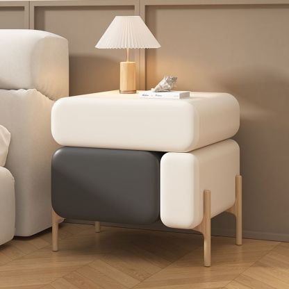 Nordic Solid Wood Leather 3-Drawer Cube Nightstand — Black + Off White
