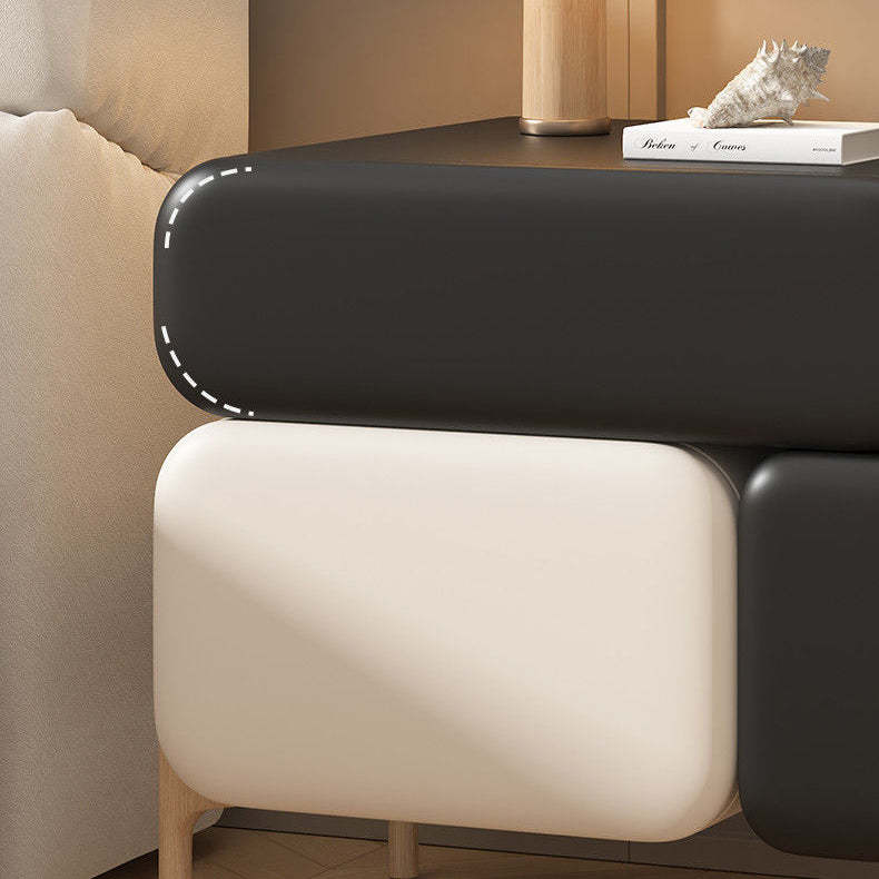 Nordic Solid Wood Leather 3-Drawer Cube Nightstand — Off White + Black