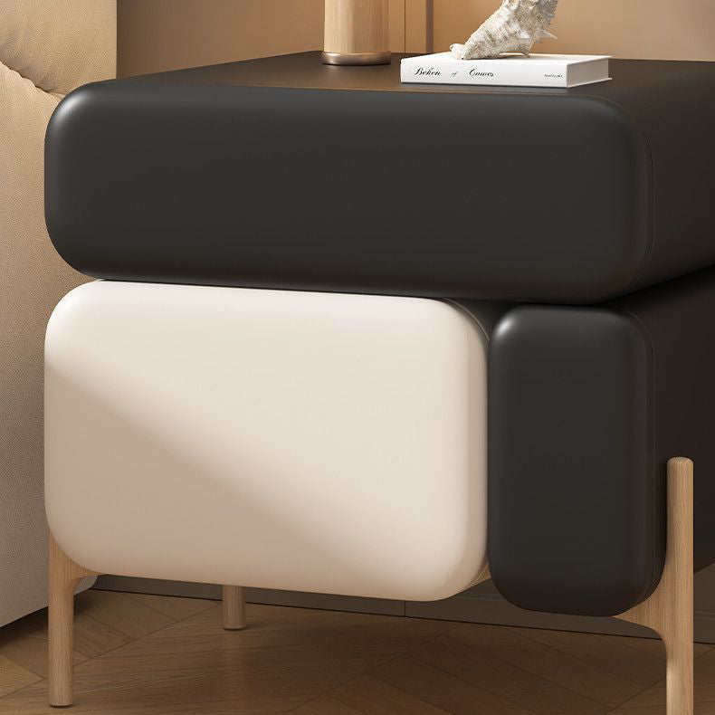 Nordic Solid Wood Leather 3-Drawer Cube Nightstand — Off White + Orange