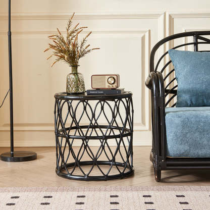 Scandinavian Cylinder Rattan Wood Side Table — Black
