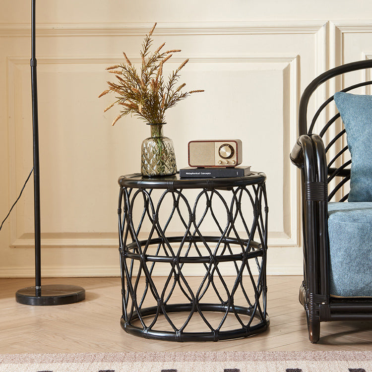 Scandinavian Cylinder Rattan Wood Side Table