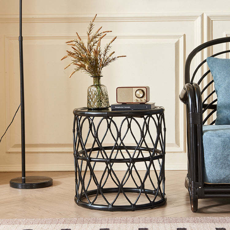 Scandinavian Cylinder Rattan Wood Side Table