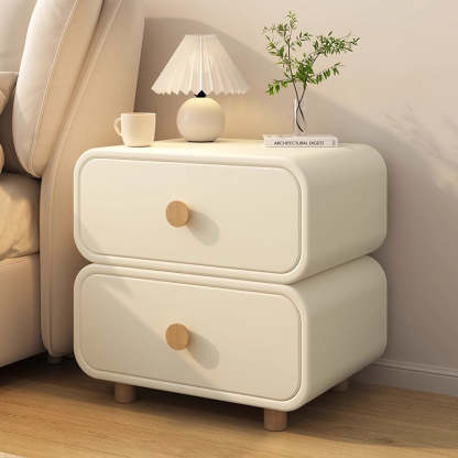 Scandinavian Wood Leather 2-Drawer Nightstand — Off White
