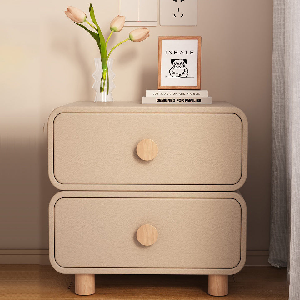 Scandinavian Wood Leather 2-Drawer Nightstand — Khaki