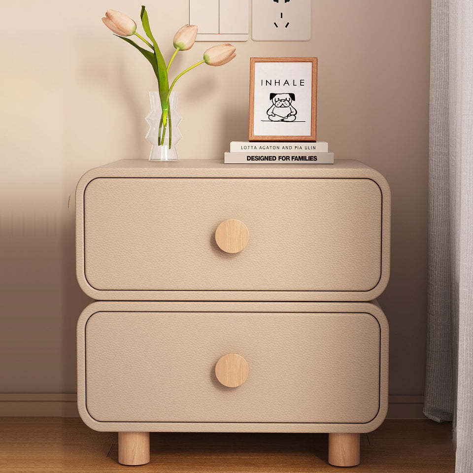 Scandinavian Wood Leather 2-Drawer Nightstand — Khaki