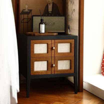 French Solid Wood 2-Drawer Nightstand — Black + Walnut Color