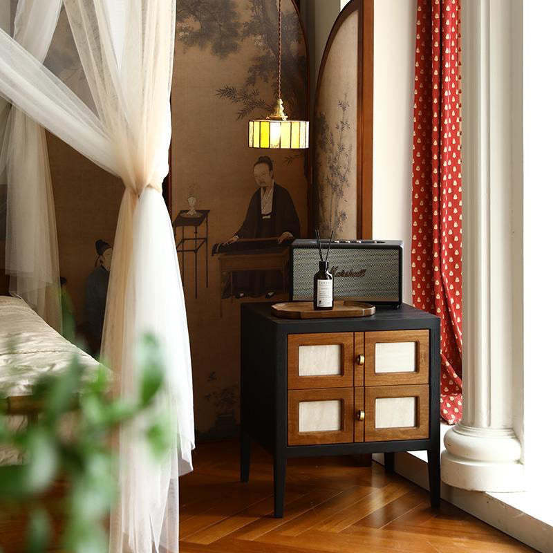 French Solid Wood 2-Drawer Nightstand — Black