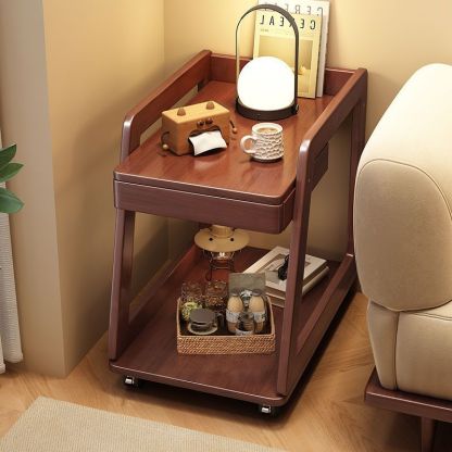 Nordic Solid Wood Rolling 2-Tier Side Table