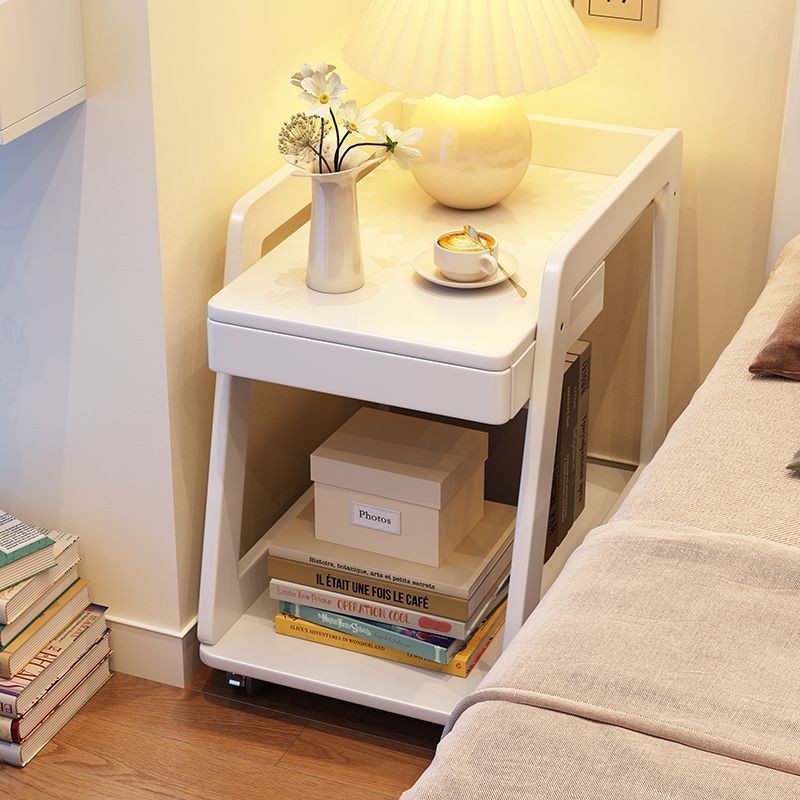 Nordic Solid Wood Rolling 2-Tier Side Table — White
